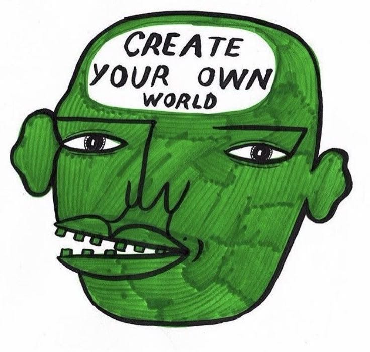 This may contain: a drawing of a green man's head with the words create your own world written on it