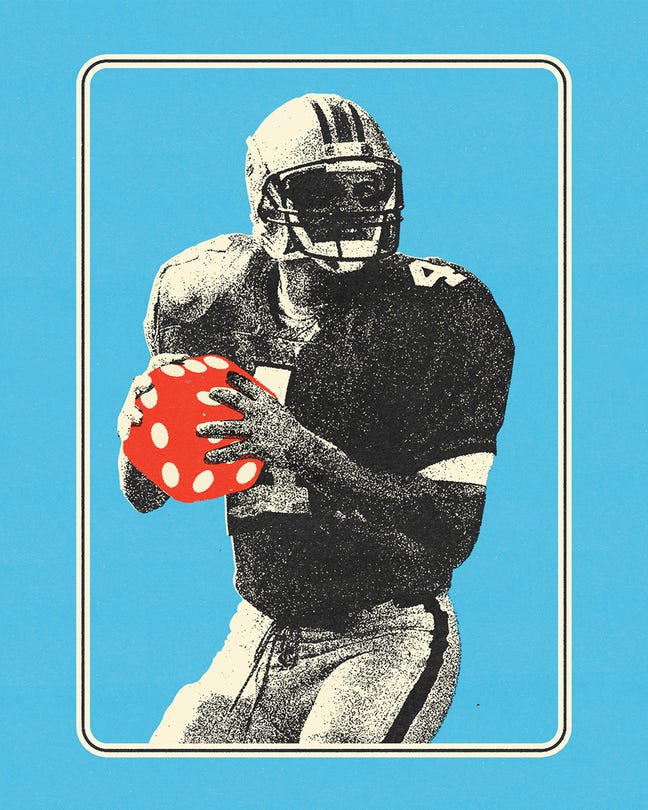 illustration with black-and-white photo of football player holding red-and-white game die instead of football on blue background