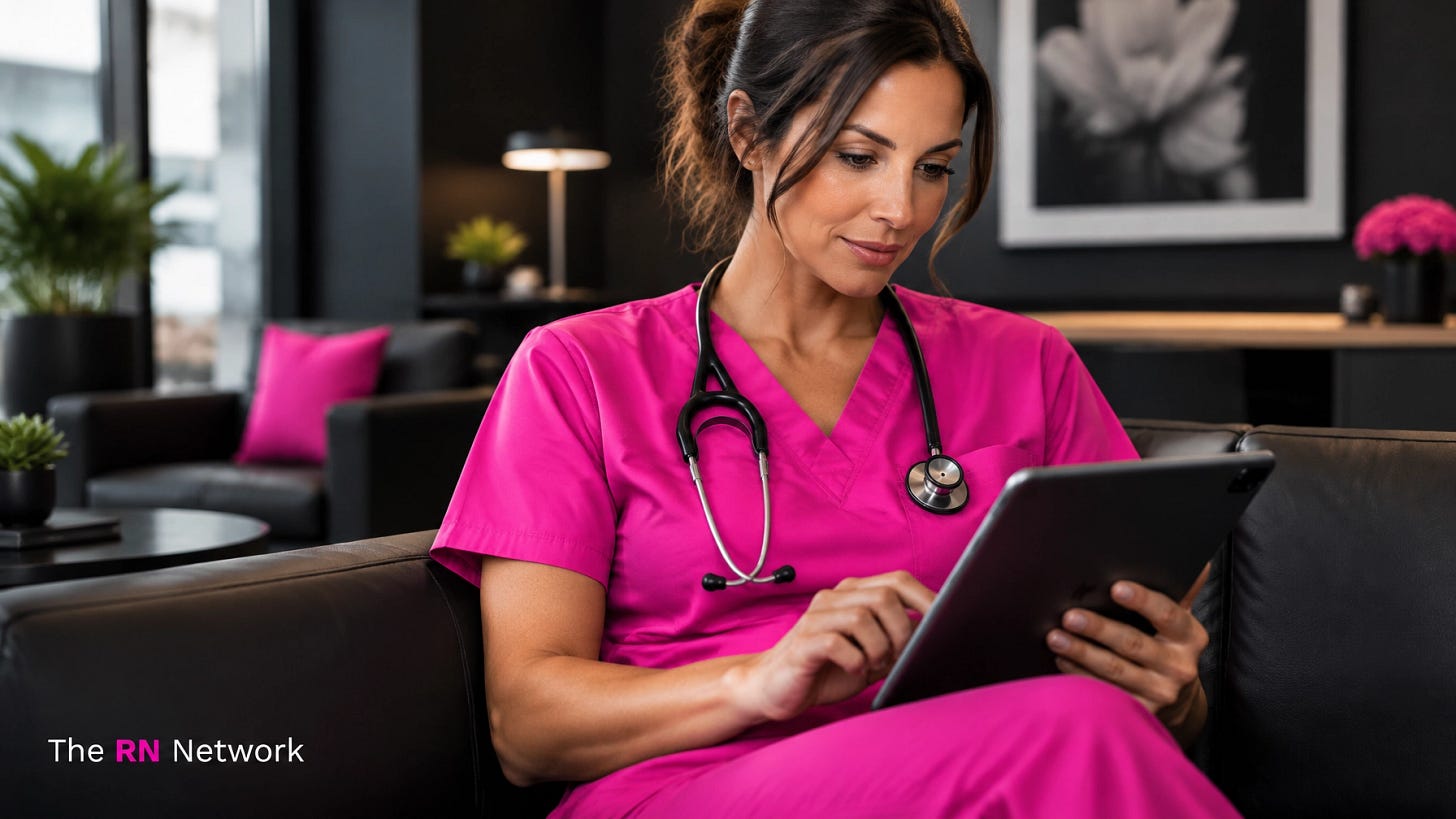 A nurse in pink scrubs preparing a professional sponsorship message, with The RN Network logo A nurse in pink scrubs preparing a professional sponsorship message, with The RN Network logo