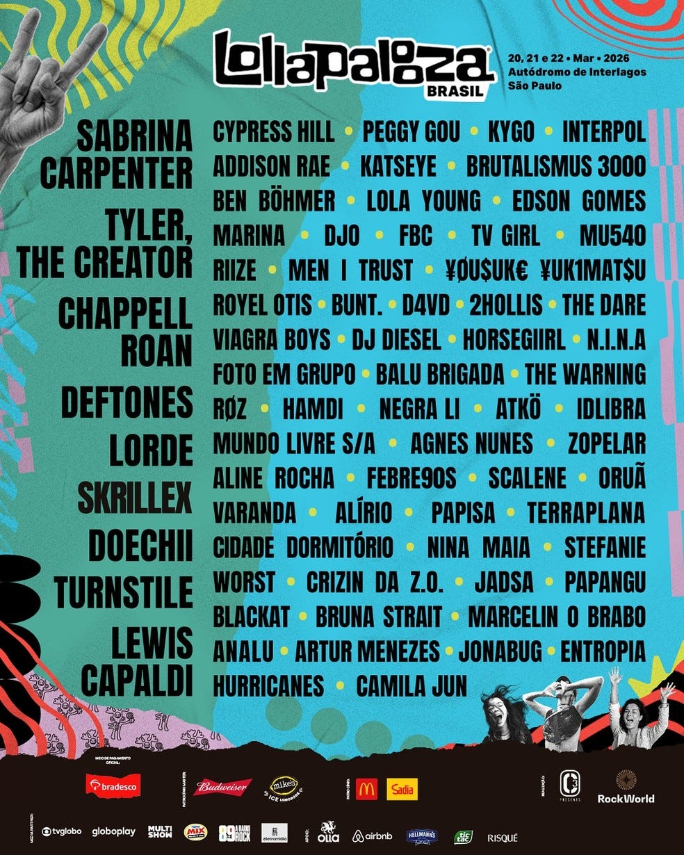Lollapalooza 2026 divulga line-up com Sabrina Carpenter, Chappell Roan,  Tyler, The Creator e mais; confira!