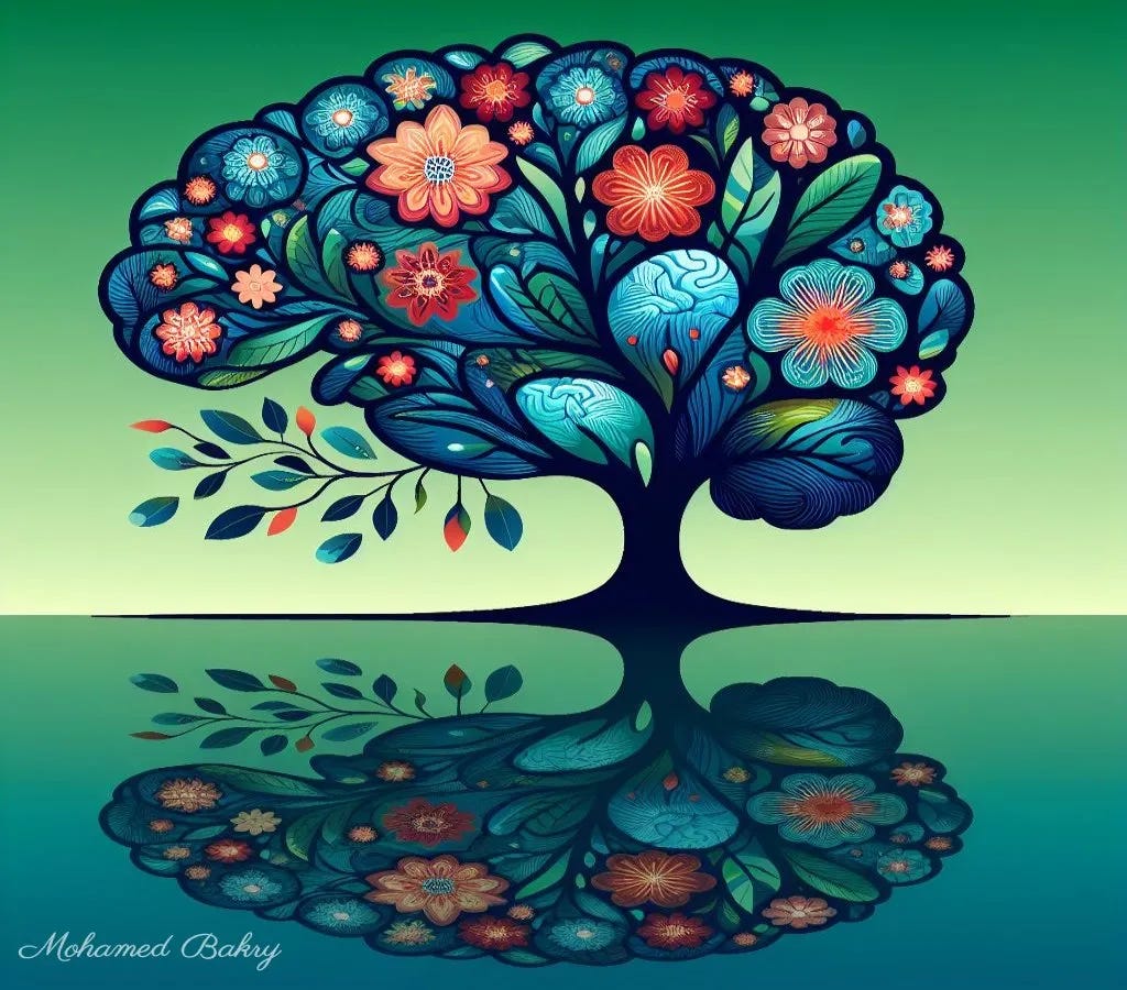 Image for stylized tree with its reflection, set against a gradient green background. The tree is adorned with colorful flowers and leaves. The central focus of the image is a dark blue tree with sprawling branches that extend outwards. Adorning the branches are flowers and leaves in shades of red, orange, and light blue, giving a vibrant contrast to the overall blue theme. Below the tree is its reflection which mirrors the shape is a brain and the colors of the tree above.