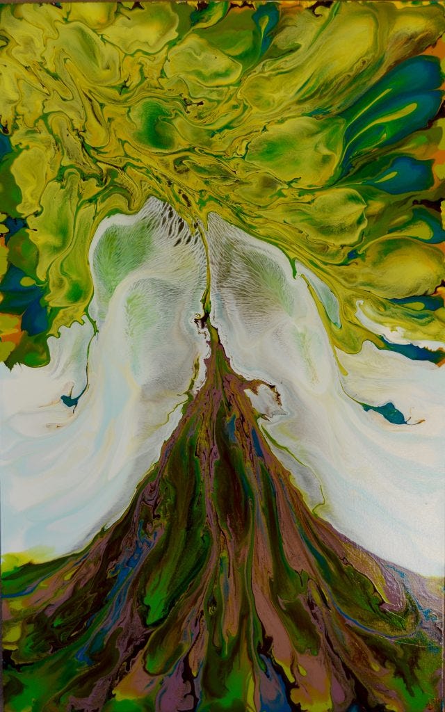 A tree in acrylic paint. The leaves are are yellow, green, turquoise, and blue with a very thin trunk down to a thick base in deep green, blue and brown. Original art by Anna Loscotoff.