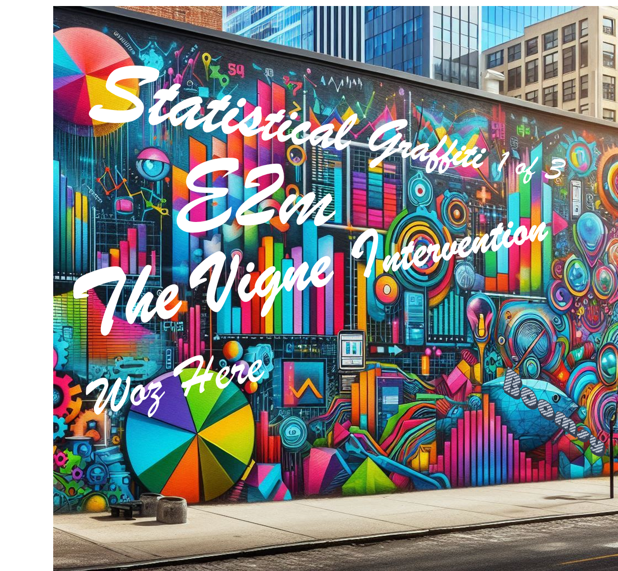 Urban wall covered in graffiti resembling statistical charts of various kinds