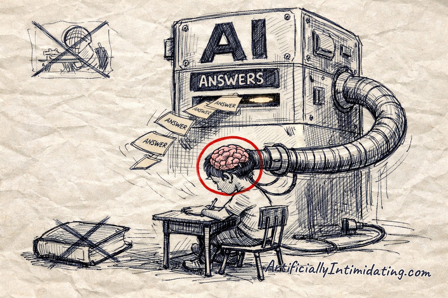 A giant AI answer-vending machine pipes answers into a student's head while their brain shrinks