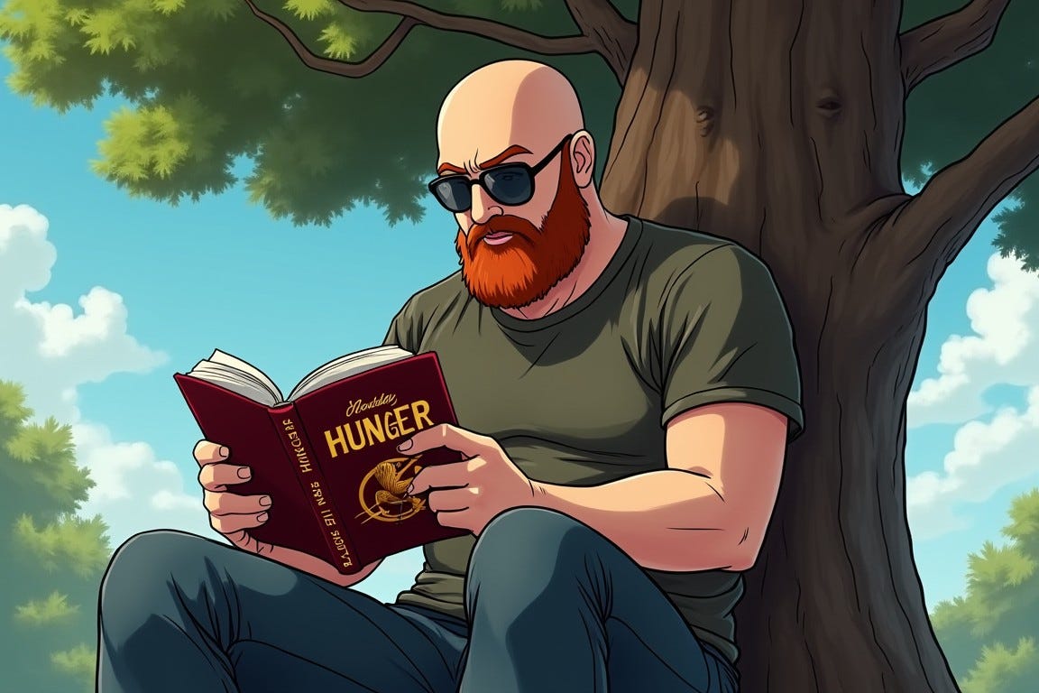 Draw in an anime style: a man sitting in a tree reading the newest Hunger Games novel. The man has a shaved head, red beard, and aviator sunglasses. Draw in an anime style: a man sitting in a tree reading the newest Hunger Games novel. The man has a shaved head, red beard, and aviator sunglasses.