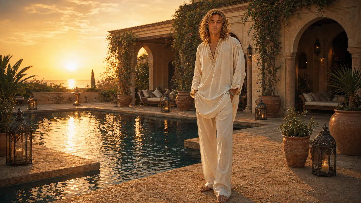 The real Andrea stands barefoot beside a reflecting pool at sunset, dressed in loose ivory clothing before an ivy-covered villa overlooking the ocean. The real Andrea stands barefoot beside a reflecting pool at sunset, dressed in loose ivory clothing before an ivy-covered villa overlooking the ocean.