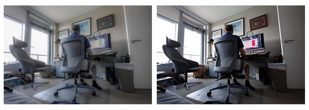 Dog watching his friend working at his desk from behind.