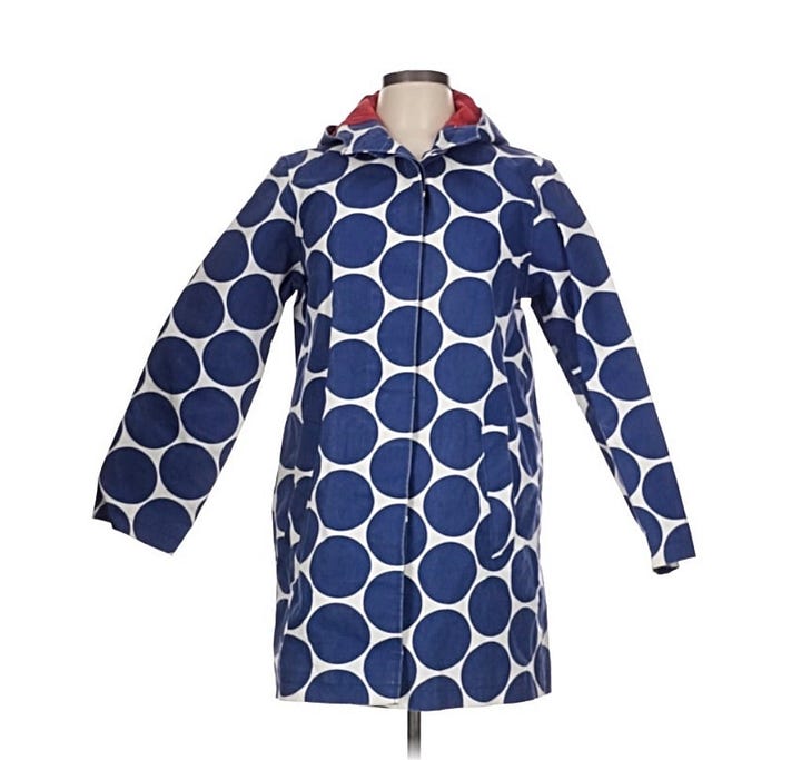 A blue and white women's rain jacket and a pair of navy, white, and yellow rain boots. 