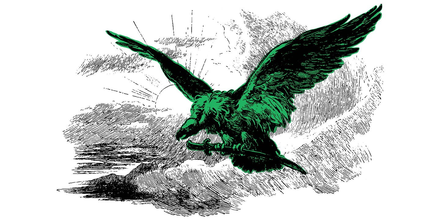 Vulture carrying a sword. Modified vintage public domain illustration. Black and white with one element highlighted green.