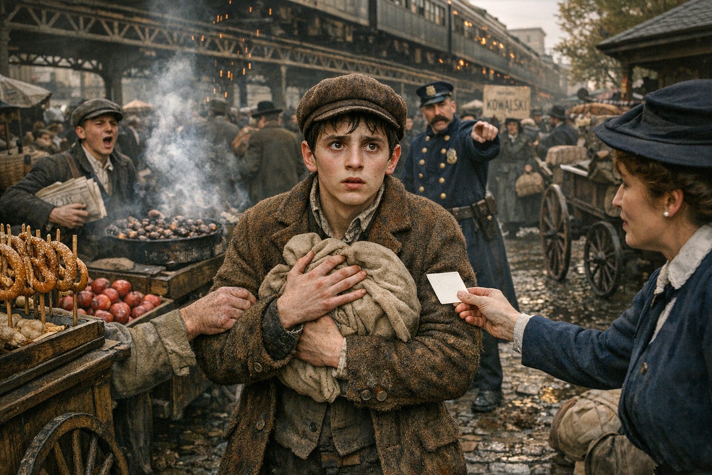 Image Prompt: Hyperrealistic color photograph in 16x9 landscape format, chaotic streetlevel observer perspective in Battery Park the year is 1905, 16yearold Polish boy in center of frame surrounded by crowd, brown wool jacket, brown cloth cap, short dark hair, pale gaunt confused face with brown eyes wide, clutching beige cloth bundle tight to chest, man in dirty tan coat with stained shirt gripping boy’s left arm, woman in navy dress with white collar from aid society offering white card in right side of frame, dense crowd surrounding pushcart vendor in gray apron with wooden cart of goldenbrown pretzels on sticks in left foreground, another cart with roasted chestnuts smoking, pile of red apples, newsboy in knickers and cap holding newspapers shouting, policeman in navy blue coat with shiny brass buttons and peaked cap with handlebar mustache pointing in background, elevated train structure overhead with black iron trestles, orange sparks falling from passing train, horsedrawn carriages with brown and black horses, cobblestone street wet with manure and puddles, other immigrants with luggage and bundles, missionary women in long black dresses, relatives holding signs with names, afternoon light creating long shadows, authentic street chaos, natural color palette of browns, grays, blues, tans, reds, golds, navy, sense of overwhelming urban pandemonium and confusion, photorealistic textures of cobblestone, horse manure, worn fabric, weathered wood carts, iron trestles, brass buttons.png Image Prompt: Hyperrealistic color photograph in 16x9 landscape format, chaotic streetlevel observer perspective in Battery Park the year is 1905, 16yearold Polish boy in center of frame surrounded by crowd, brown wool jacket, brown cloth cap, short dark hair, pale gaunt confused face with brown eyes wide, clutching beige cloth bundle tight to chest, man in dirty tan coat with stained shirt gripping boy’s left arm, woman in navy dress with white collar from aid society offering white card in right side of frame, dense crowd surrounding pushcart vendor in gray apron with wooden cart of goldenbrown pretzels on sticks in left foreground, another cart with roasted chestnuts smoking, pile of red apples, newsboy in knickers and cap holding newspapers shouting, policeman in navy blue coat with shiny brass buttons and peaked cap with handlebar mustache pointing in background, elevated train structure overhead with black iron trestles, orange sparks falling from passing train, horsedrawn carriages with brown and black horses, cobblestone street wet with manure and puddles, other immigrants with luggage and bundles, missionary women in long black dresses, relatives holding signs with names, afternoon light creating long shadows, authentic street chaos, natural color palette of browns, grays, blues, tans, reds, golds, navy, sense of overwhelming urban pandemonium and confusion, photorealistic textures of cobblestone, horse manure, worn fabric, weathered wood carts, iron trestles, brass buttons.png