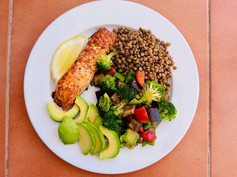 Two home cooked meals and supplements including protein and creatine prepared during a vacation stay in Tenerife.