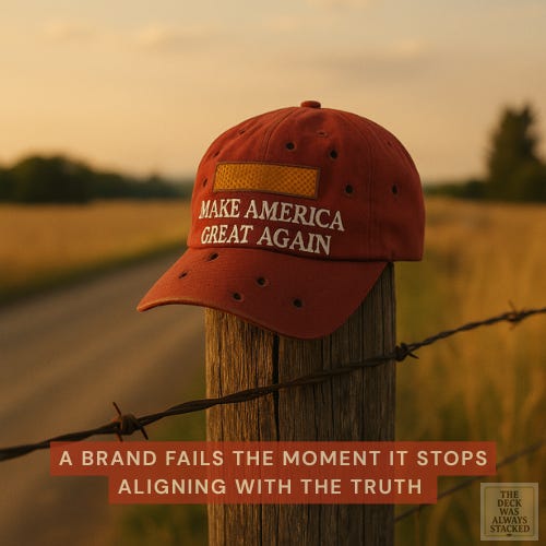 The moment a country quietly outgrew a slogan.A symbolic rural-America scene featuring a red hat resting peacefully on a wooden fence post, representing cultural evolution, truth in branding, and the shift from slogans to integrity-driven leadership.