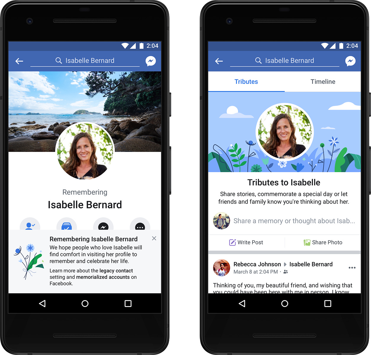 Two phone screenshots side by side. Both showing a mocked-up memorial Facebook book with text including “Remembering Isabelle Bernard” and “Tributes to Isabelle” Two phone screenshots side by side. Both showing a mocked-up memorial Facebook book with text including “Remembering Isabelle Bernard” and “Tributes to Isabelle”