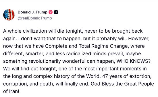 Trump Truth Social post warning Iran ahead of 8pm ET deadline.