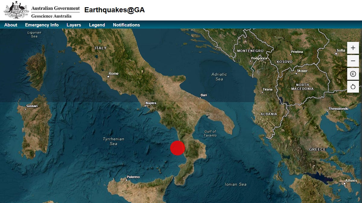Earthquake reported off Southern Coast of Italy