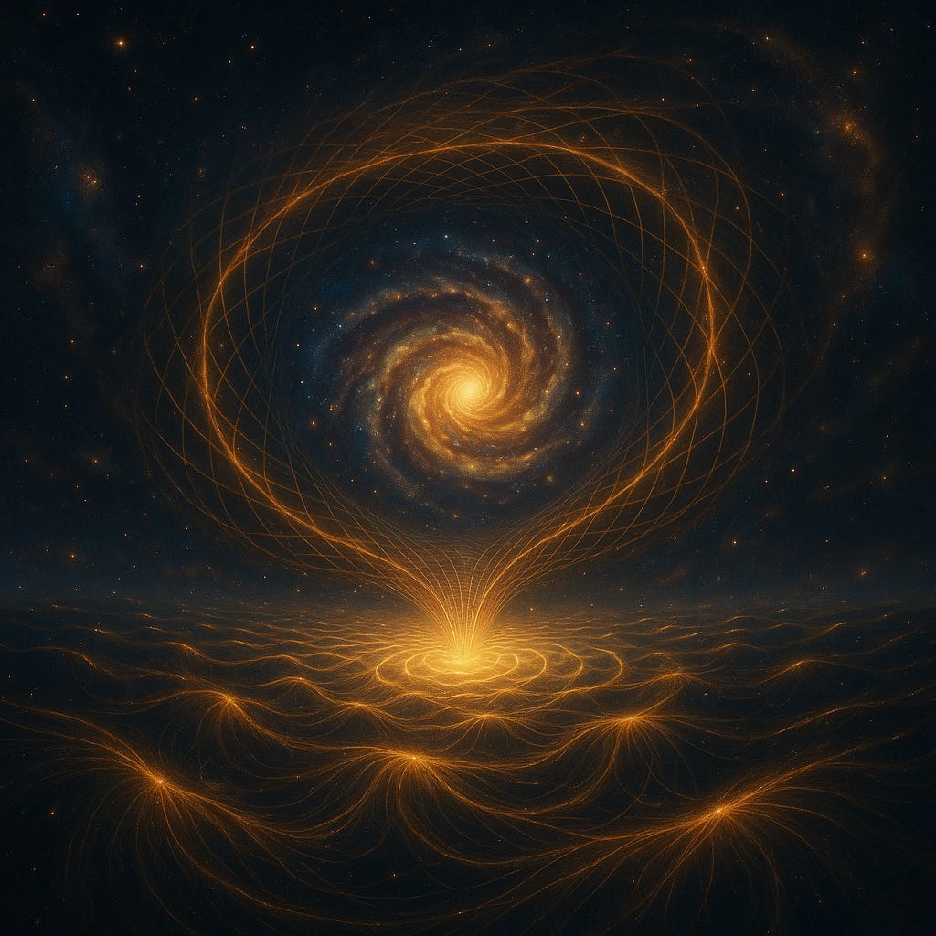 A luminous spiral galaxy radiates golden threads that cascade downward into a rippling cosmic field, forming an intricate lattice of glowing curves symbolising gravity as a coherence field. The image illustrates the Mirror Paradigm interpretation of gravity as the collective stitching of consciousness across time. A luminous spiral galaxy radiates golden threads that cascade downward into a rippling cosmic field, forming an intricate lattice of glowing curves symbolising gravity as a coherence field. The image illustrates the Mirror Paradigm interpretation of gravity as the collective stitching of consciousness across time.