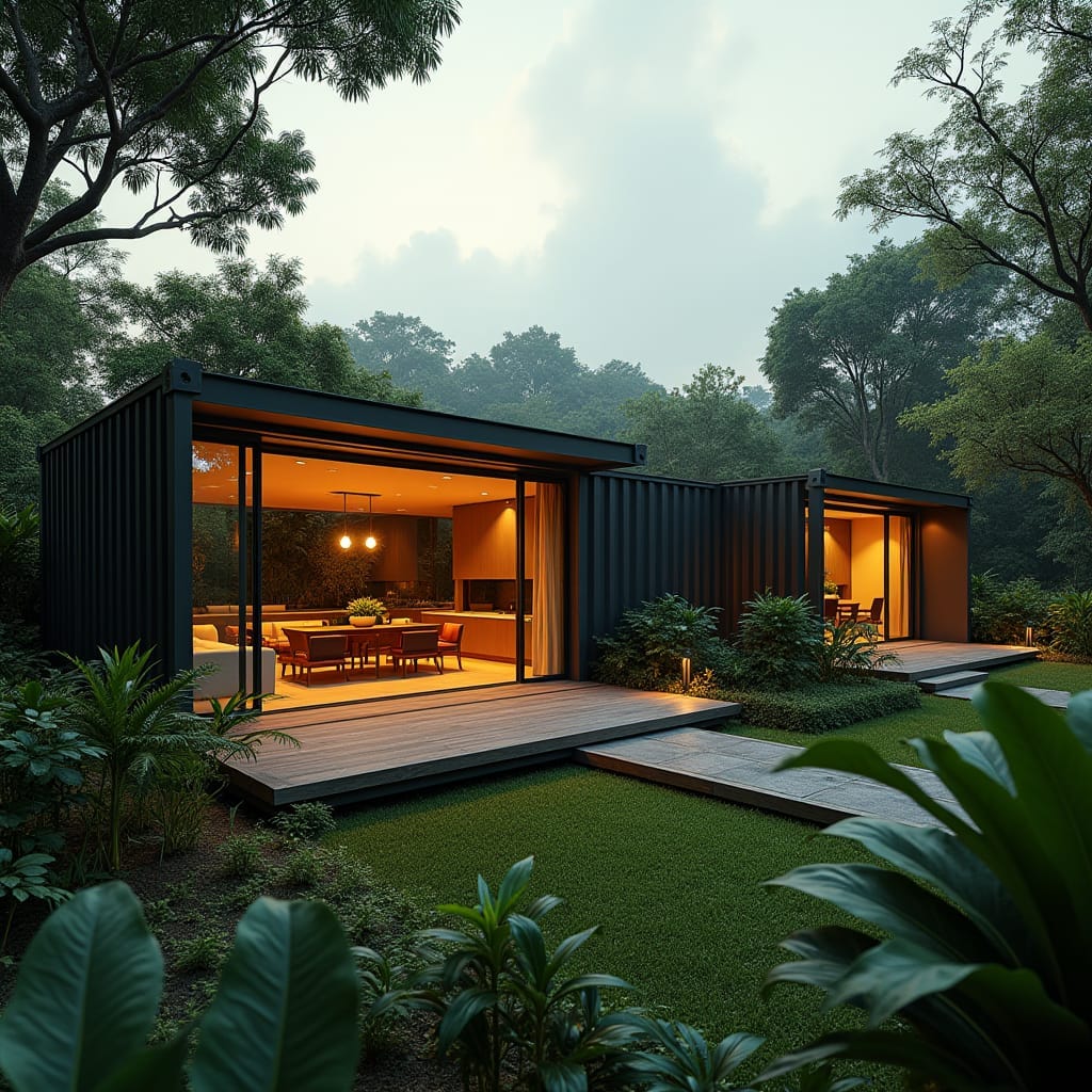 A sleek, 1 Bedroom modern Jamaican container home, set amidst lush tropical surroundings, with expansive openings that seamlessly blur the lines between indoors and outdoors, bold lines and clean minimalist aesthetic, warm golden light spilling in through the windows, highlighting the spacious interior.