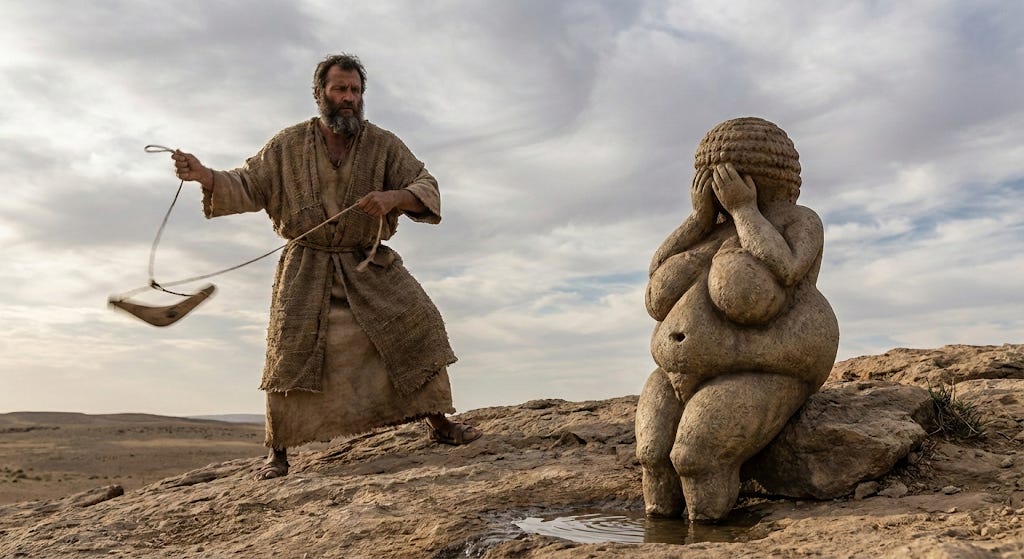 God whirring a bullroarer wildly while the mother goddess (a venus figurine type figure) weeps God whirring a bullroarer wildly while the mother goddess (a venus figurine type figure) weeps