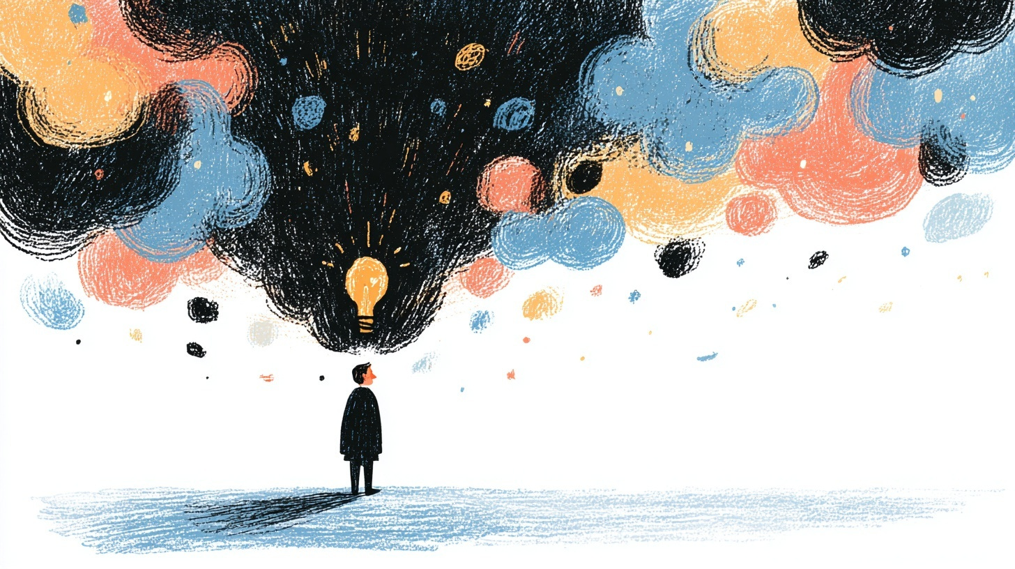 Illustration of a person looking up at swirling dark and colourful clouds with a glowing lightbulb among them.