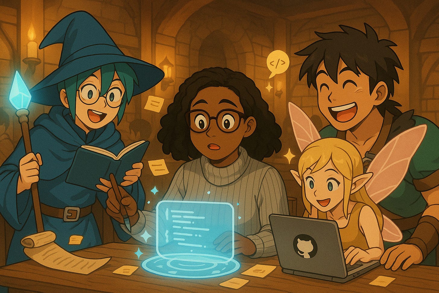 Fantasy-style characters coding around a glowing screen, collaborating and smiling in a cozy tavern-like workspace.