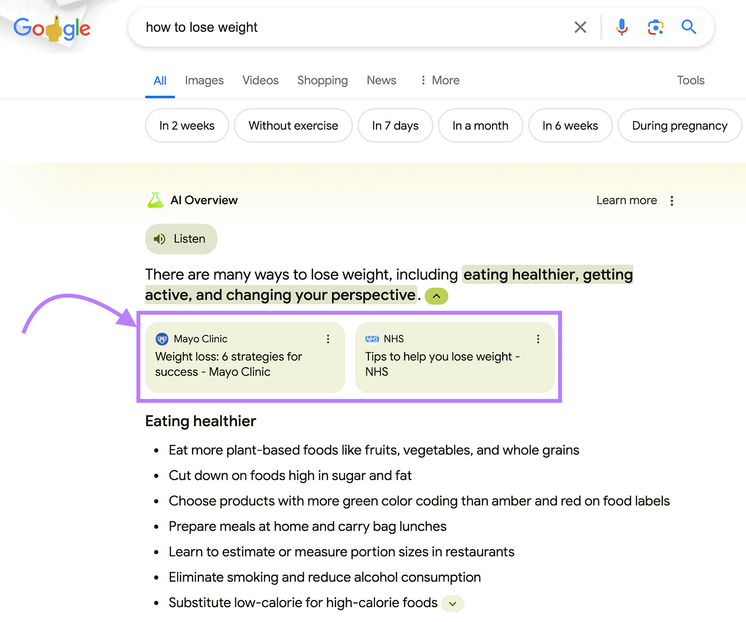 Les sources de la Mayo Clinic et du NHS mises en évidence dans les résultats de l'AI Overview pour « comment perdre du poids »