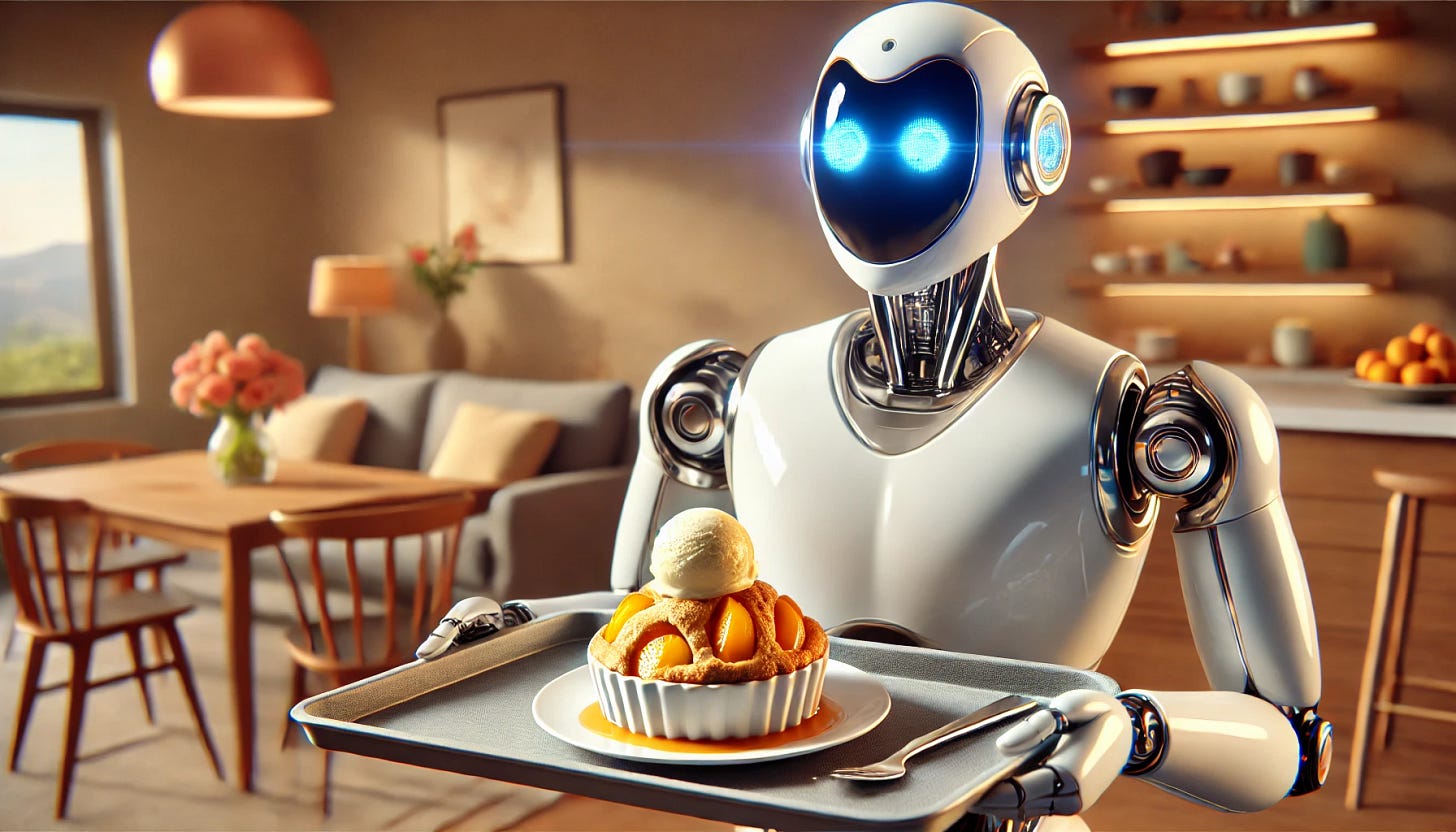 A robot serves a peach cobbler. A robot serves a peach cobbler.