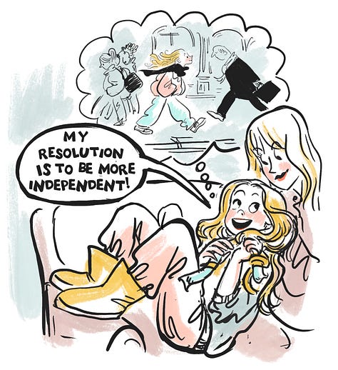 comic showing Claire debating what step comes first in new morning routine. New resolution: be more decisive. 