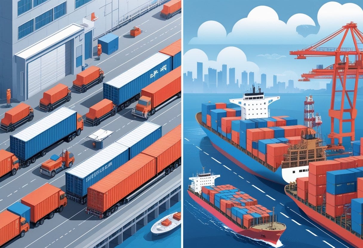 An illustration showing a freight forwarder managing transportation logistics on one side and a shipping agent handling customs and port operations on the other, with cargo ships, trucks, and warehouses representing shipping from China to the USA. An illustration showing a freight forwarder managing transportation logistics on one side and a shipping agent handling customs and port operations on the other, with cargo ships, trucks, and warehouses representing shipping from China to the USA.