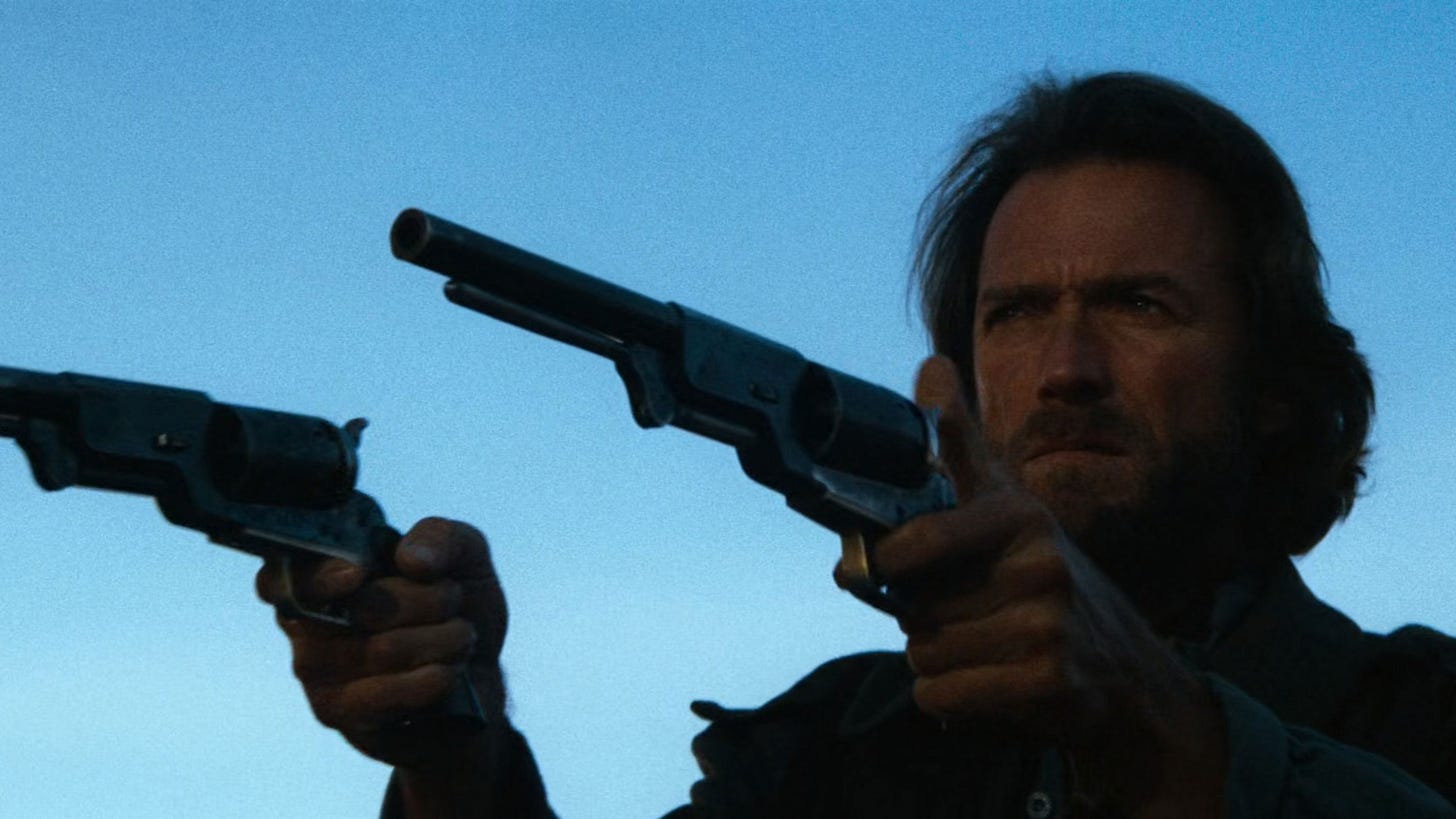 The Outlaw Josey Wales | Still features Clint Eastwood in the titular role wielding two pistols.