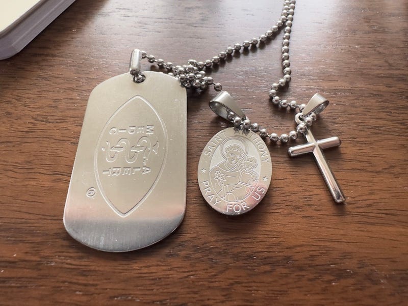 My necklace, with my Medic Alert tag, St. Anthony Medal, and Cross