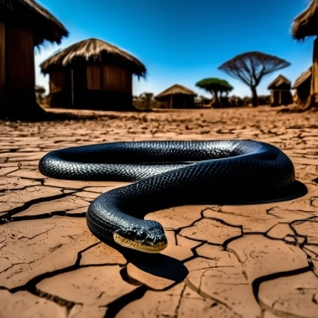 Show me an extreme realism picture of a black mamba outside an african village
