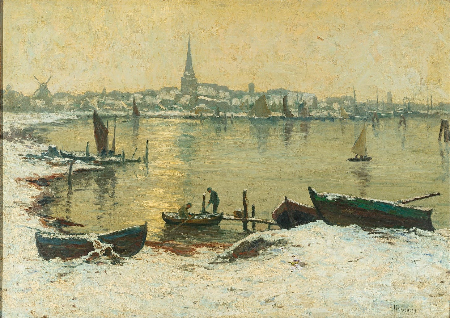 Herman N. Hyneman (Dutch 1859-1907) Winter Harbour Scene With Boats -  Around The Block