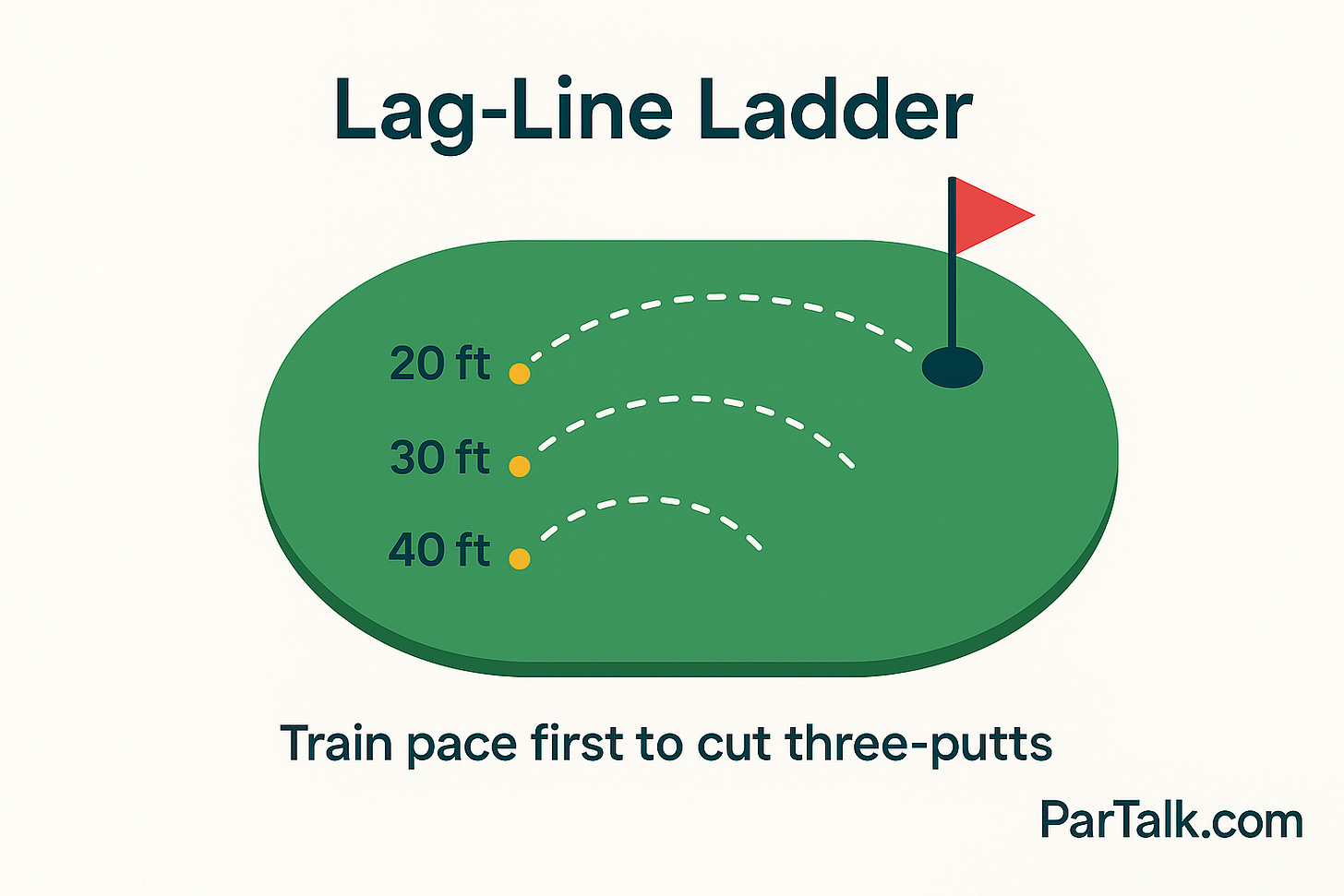 Lag-Line Ladder putting drill: top-down green with 20-, 30-, and 40-ft stations and dashed roll paths to the hole—train pace to cut three-putts (ParTalk.com). Lag-Line Ladder putting drill: top-down green with 20-, 30-, and 40-ft stations and dashed roll paths to the hole—train pace to cut three-putts (ParTalk.com).
