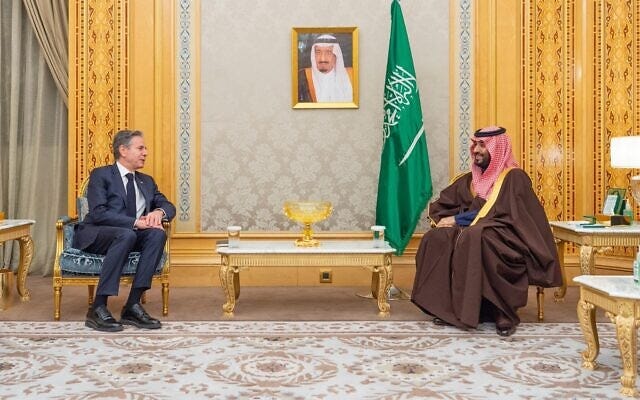 US Secretary of State Antony Blinken meets with Saudi Arabia's Crown Prince Mohammed bin Salman in Riyadh on February 5, 2024. (Saudi foreign ministry/ X) US Secretary of State Antony Blinken meets with Saudi Arabia's Crown Prince Mohammed bin Salman in Riyadh on February 5, 2024. (Saudi foreign ministry/ X)