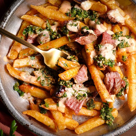 Hamburger bowls, Steak bowls, Chimichurri steak sandwiches, Chimichurri steak fries, Flank steak with chimichurri, Fried summer squash, Vegetarian chili, and Chicken nachos with chimichurri.
