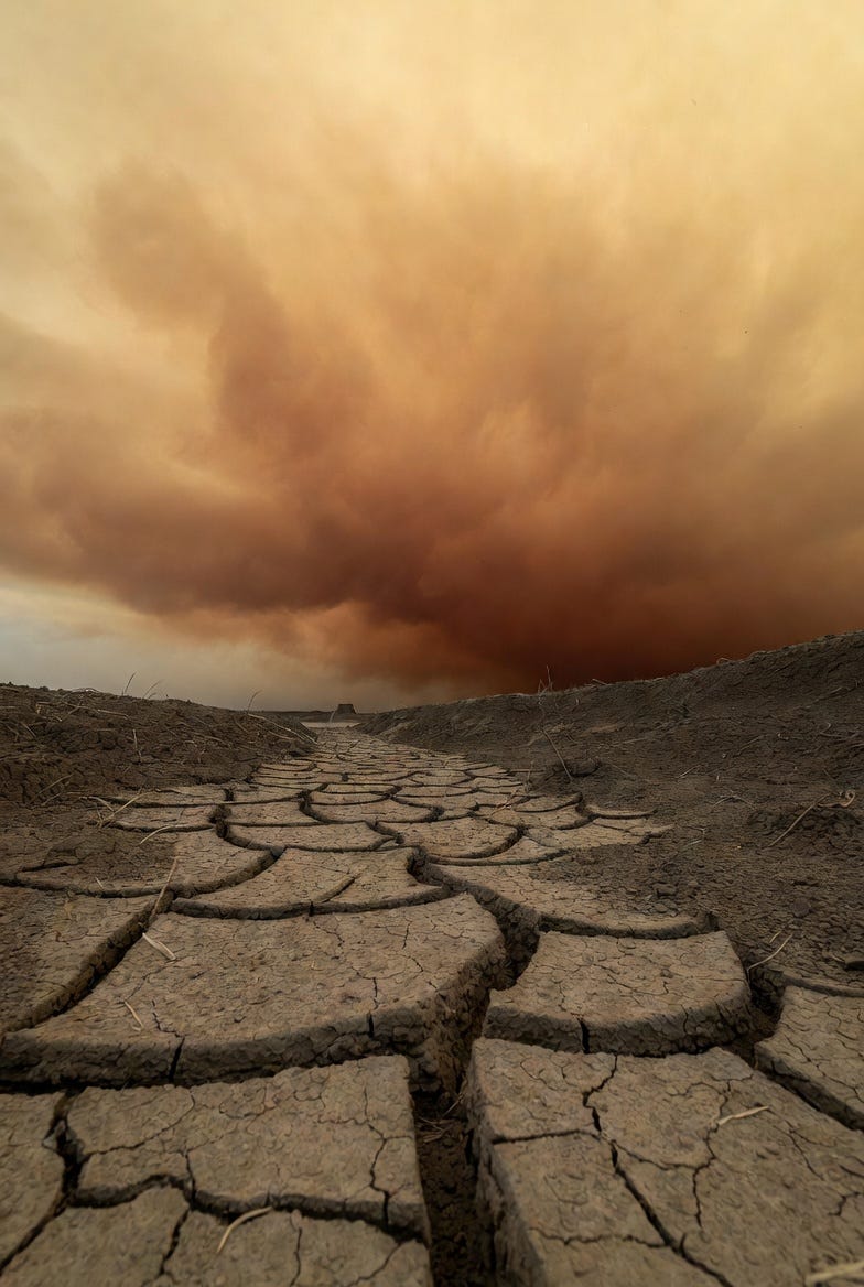 A photograph of a barren, cracked earth under a polluted sky, depicting global warming effects. A photograph of a barren, cracked earth under a polluted sky, depicting global warming effects.