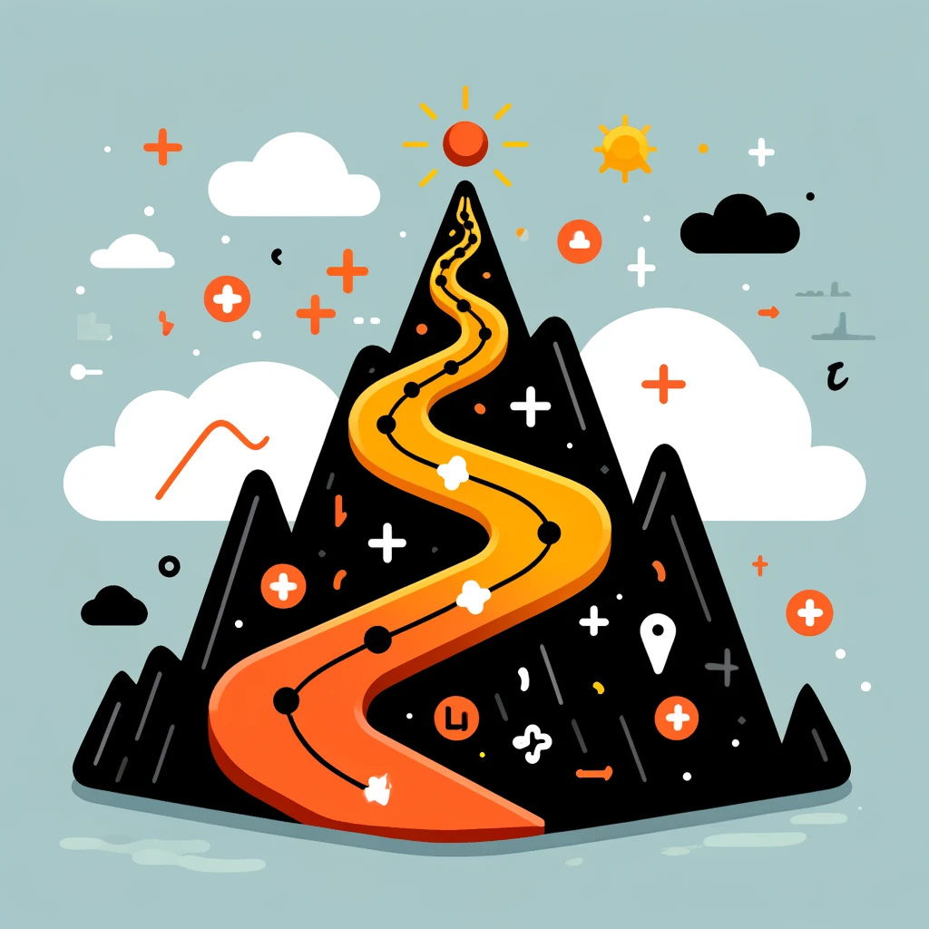 A cartoon image visualizing a gradient ascent machine learning algorithm with a black and orange theme. The scene features a stylized mountain, colored primarily in shades of black and orange, with a clear path zigzagging up to the peak, which symbolizes the optimal solution. The path is marked with cartoonish data points and mathematical symbols like arrows and plus signs, all in contrasting orange to stand out against the black mountain. Playful clouds and sun rays in the background enhance the vivid and engaging atmosphere of this educational illustration.
