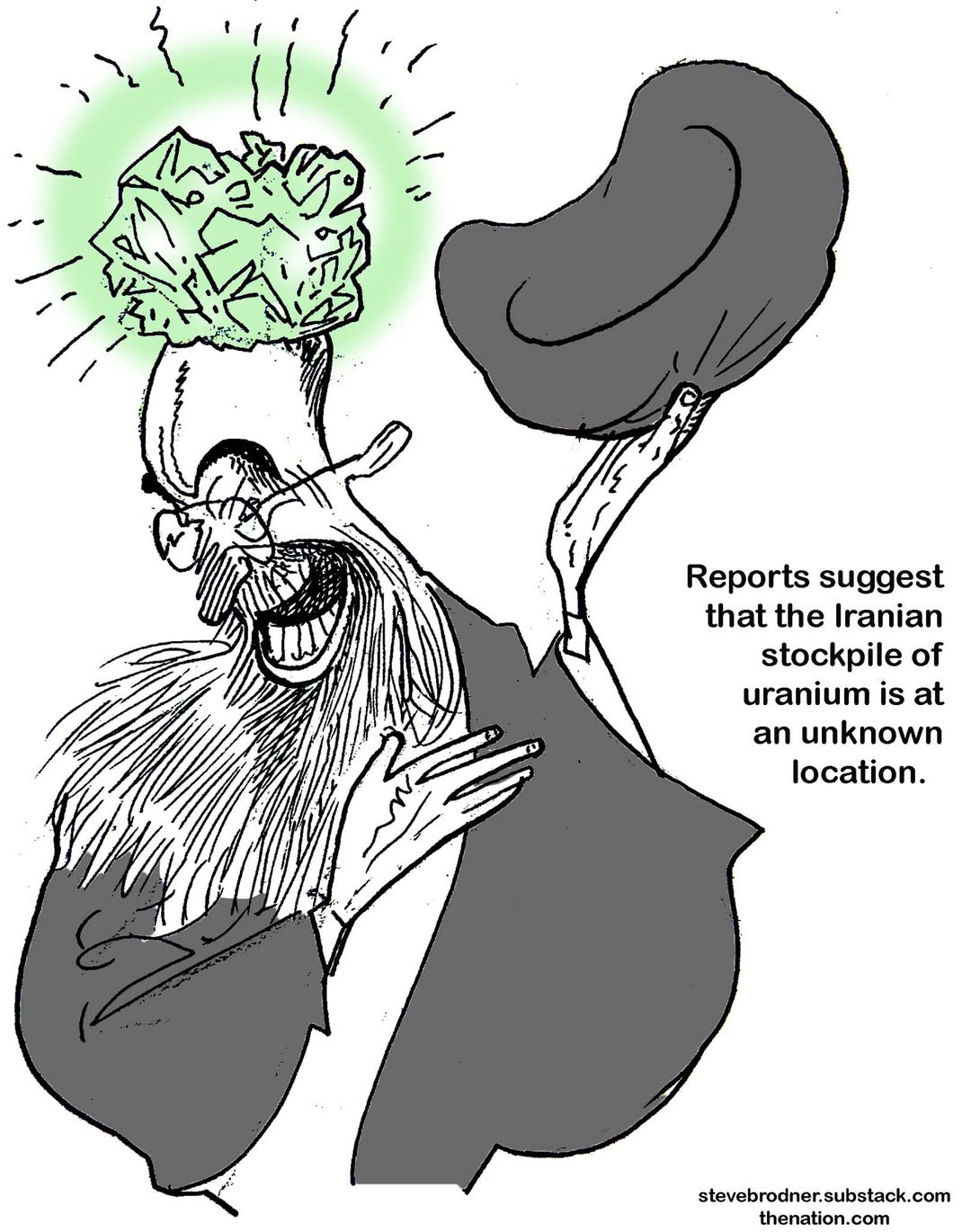 May be an illustration of text that says 'Reports suggest that the Iranian stockpile of uranium is at an unknown location. stevebrodner.substack.com thenation.com'