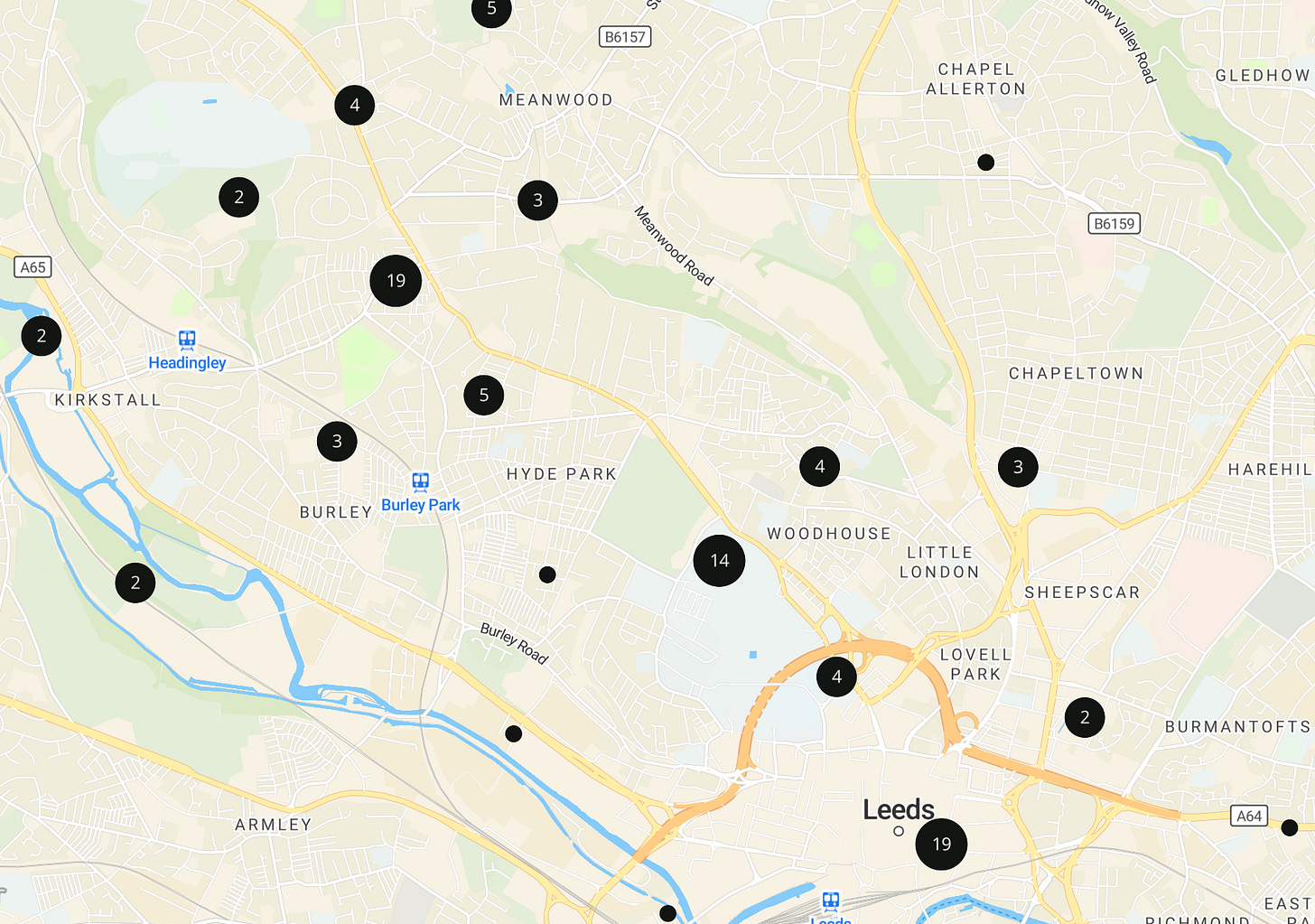 Detail of map of Leeds with numerous recording pins Detail of map of Leeds with numerous recording pins