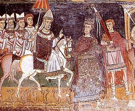 Medieval painting of a priest on horseback raising a chastising finger toward another well-dressed man"