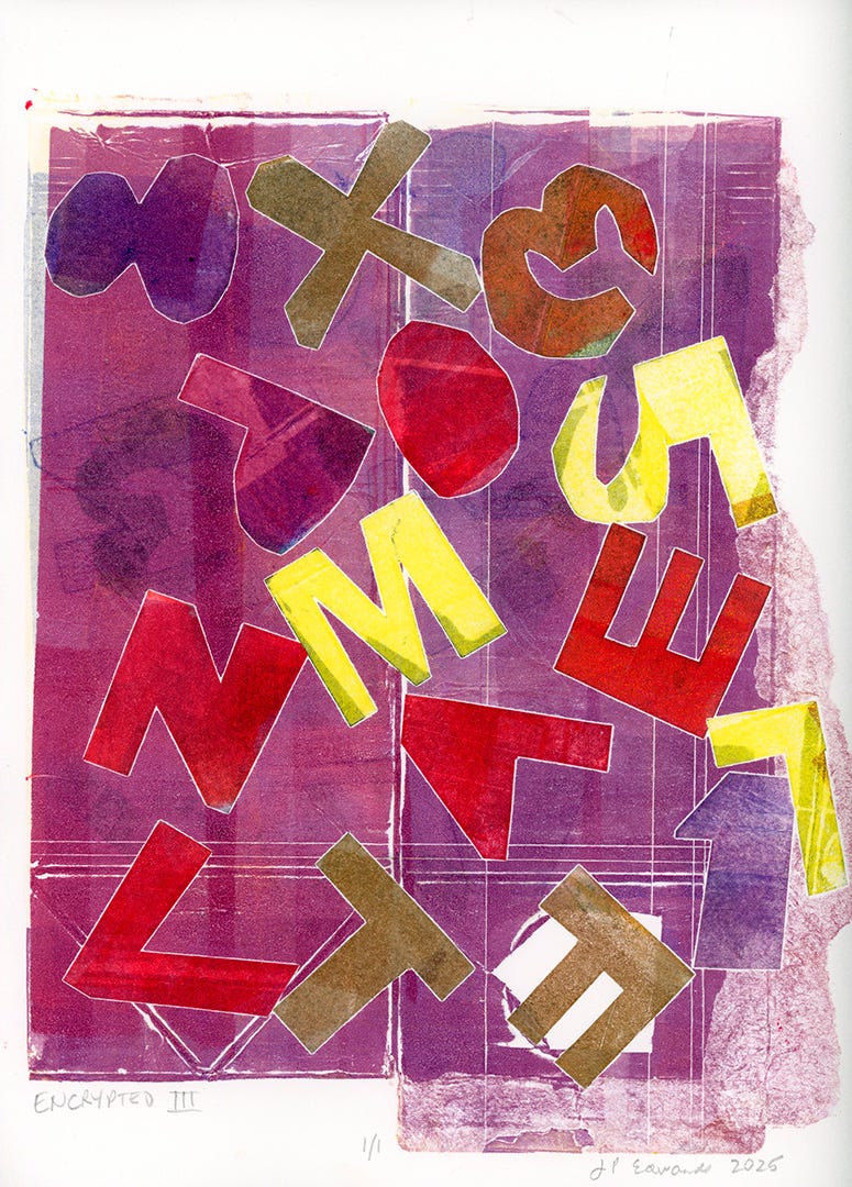 Cut-out letters and numbers on a reddish purple background
