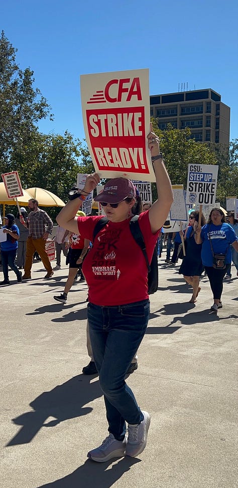 six pictures of faculty and staff union members and students from Cal State LA wearing union shirts and holding up signs that read "strike ready" and "faculty learning conditions are student learning conditions"