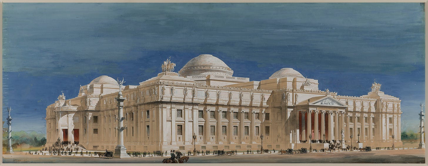 rendering showing a building with several domes, and a columned entrance