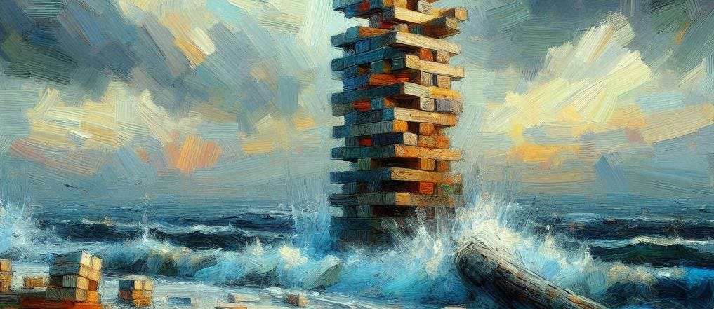 A giant jenga block tower in the sea, waves crashing into it