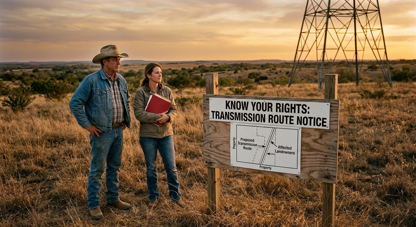 Two Texas ranchers stand in a pasture at sunset next to a wooden notice sign detailing a transmission line route. In the distant background, a high-voltage electrical tower stands silhouetted against the horizon under a warm golden sky.