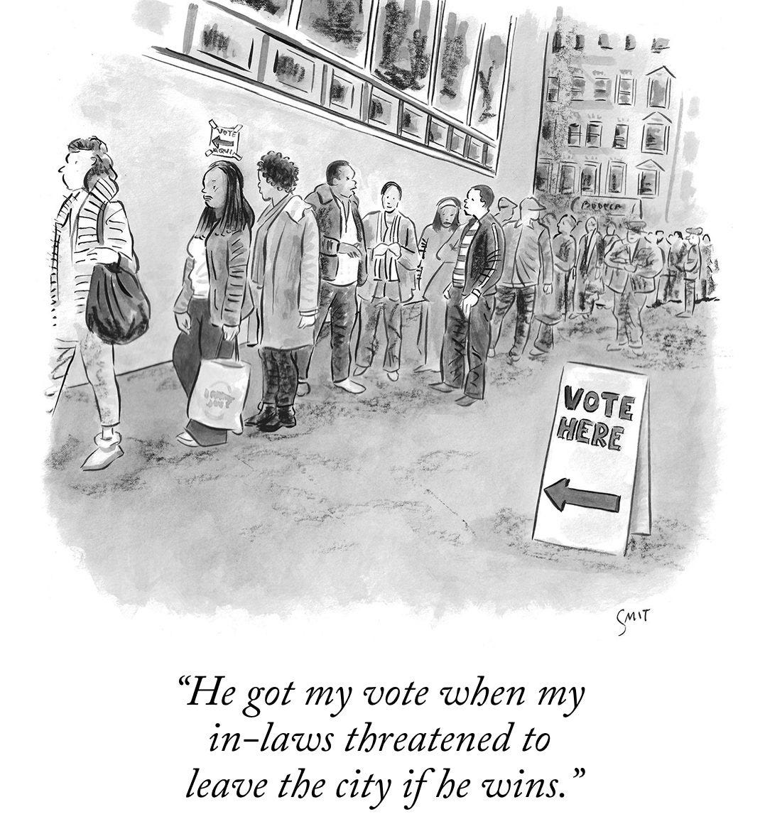 Citizens wait in line to vote. One says, “He got my vote when my in-laws threatened to leave the city if he wins.”