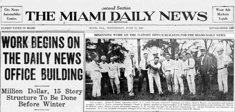 Headline in the Miami Daily News on Wednesday, June 11, 1924. Headline in the Miami Daily News on Wednesday, June 11, 1924.
