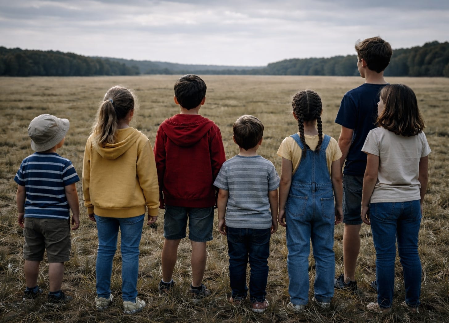 A group of children ranging from toddler to teenager stand together in an open field, looking toward a distant, empty horizon beneath a heavy gray sky. A group of children ranging from toddler to teenager stand together in an open field, looking toward a distant, empty horizon beneath a heavy gray sky.