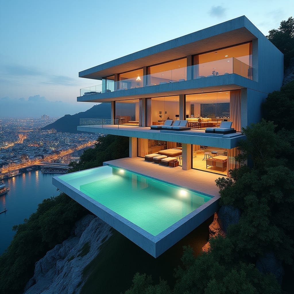 Ultra-modern, 4-story, 10-bedroom Jamaican mansion with sleek glass façade, expansive windows, and cantilevered concrete platforms, set amidst the bustling cityscape, featuring crystal-clear glass pools that appear to float in mid-air. 