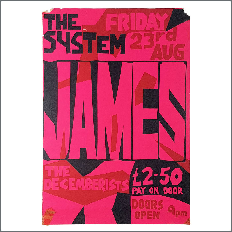 A mostly pink poster advertising James and The Decemberists at the System, Friday 23rd August. £2.50.